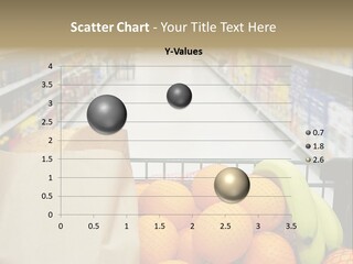 Grocery Cart Loaded With Fresh Fruit And Bread Moving Through The Aisle. PowerPoint Template
