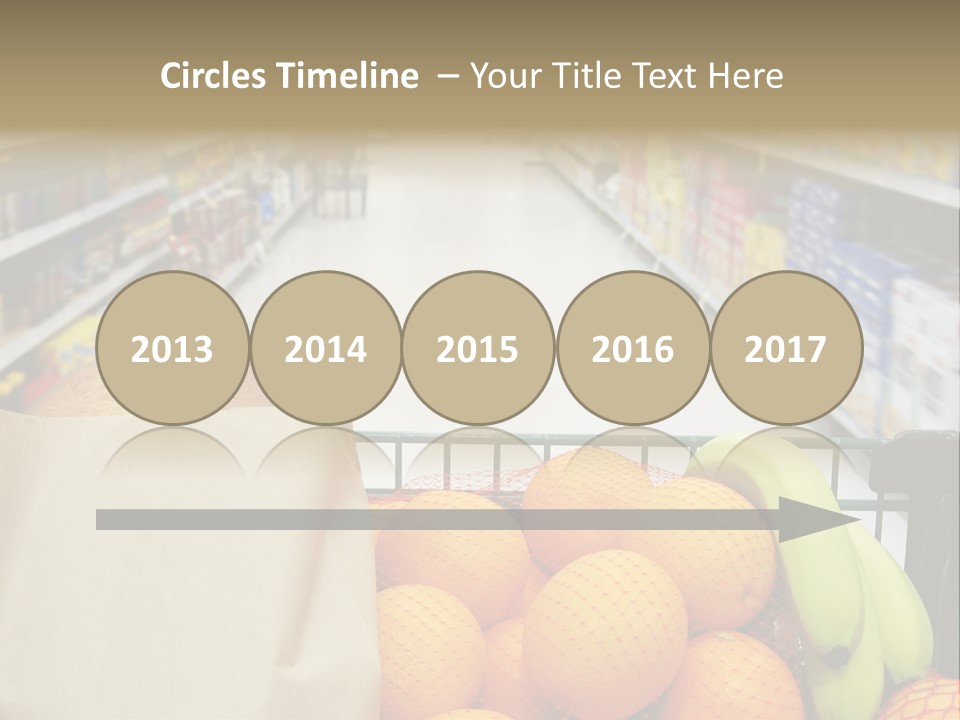 Grocery Cart Loaded With Fresh Fruit And Bread Moving Through The Aisle. PowerPoint Template