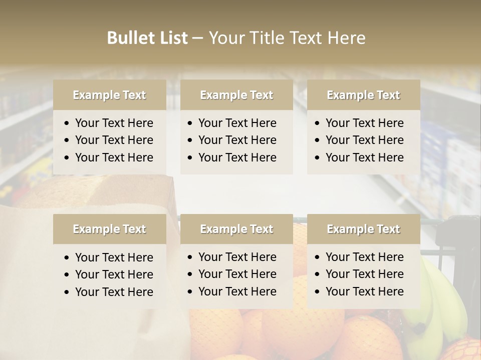 Grocery Cart Loaded With Fresh Fruit And Bread Moving Through The Aisle. PowerPoint Template
