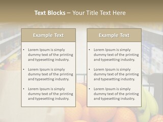 Grocery Cart Loaded With Fresh Fruit And Bread Moving Through The Aisle. PowerPoint Template
