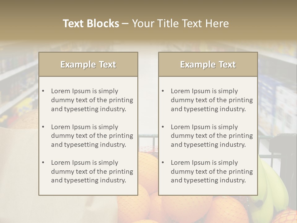Grocery Cart Loaded With Fresh Fruit And Bread Moving Through The Aisle. PowerPoint Template