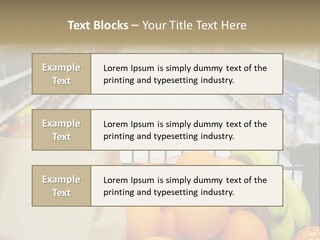 Grocery Cart Loaded With Fresh Fruit And Bread Moving Through The Aisle. PowerPoint Template