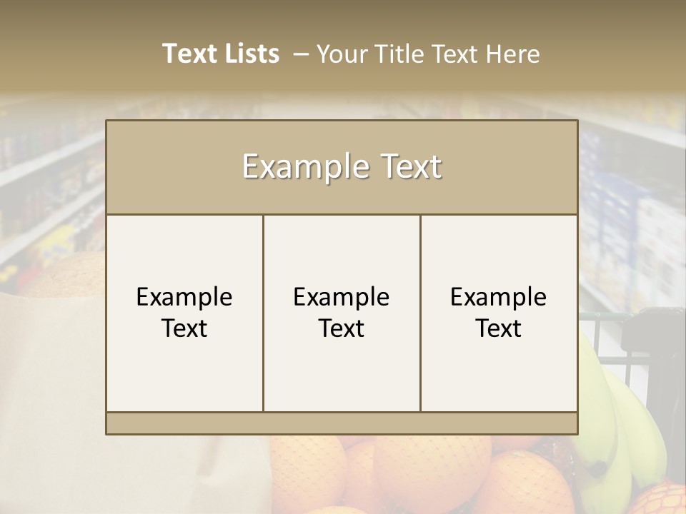 Grocery Cart Loaded With Fresh Fruit And Bread Moving Through The Aisle. PowerPoint Template