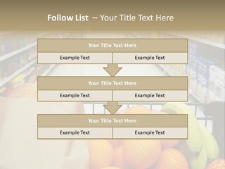 Grocery Cart Loaded With Fresh Fruit And Bread Moving Through The Aisle. PowerPoint Template