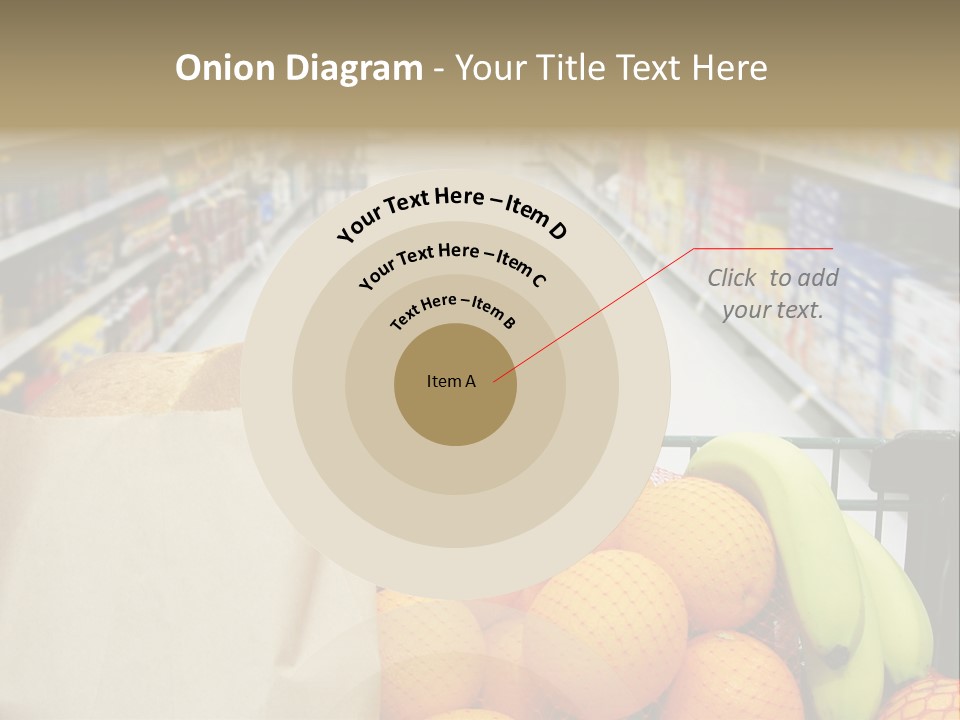 Grocery Cart Loaded With Fresh Fruit And Bread Moving Through The Aisle. PowerPoint Template