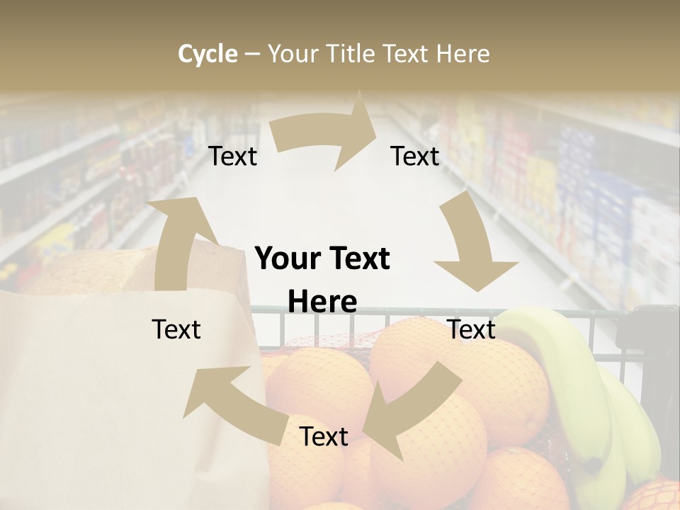 Grocery Cart Loaded With Fresh Fruit And Bread Moving Through The Aisle. PowerPoint Template