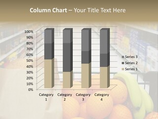 Grocery Cart Loaded With Fresh Fruit And Bread Moving Through The Aisle. PowerPoint Template