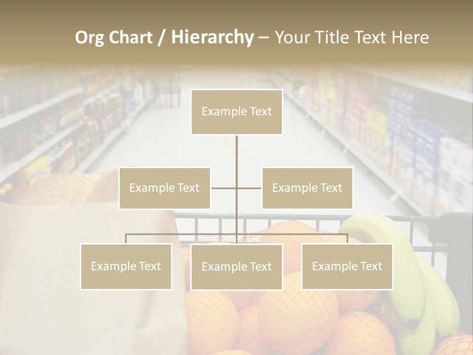 Grocery Cart Loaded With Fresh Fruit And Bread Moving Through The Aisle. PowerPoint Template
