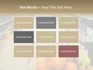Grocery Cart Loaded With Fresh Fruit And Bread Moving Through The Aisle. PowerPoint Template