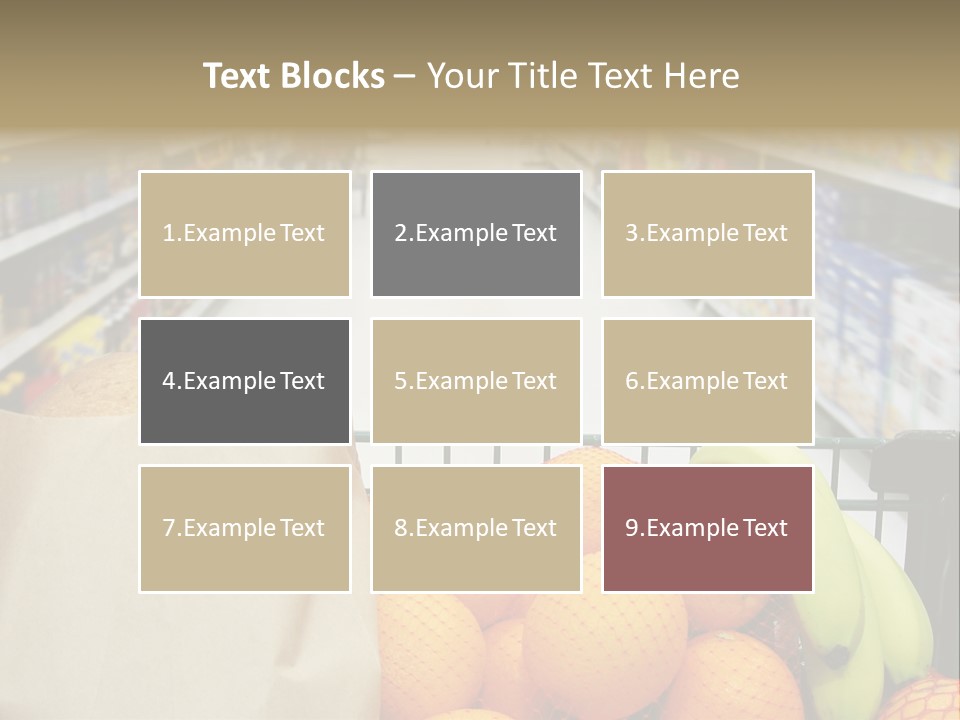 Grocery Cart Loaded With Fresh Fruit And Bread Moving Through The Aisle. PowerPoint Template