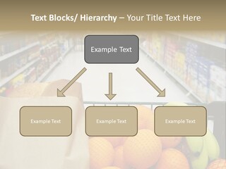 Grocery Cart Loaded With Fresh Fruit And Bread Moving Through The Aisle. PowerPoint Template