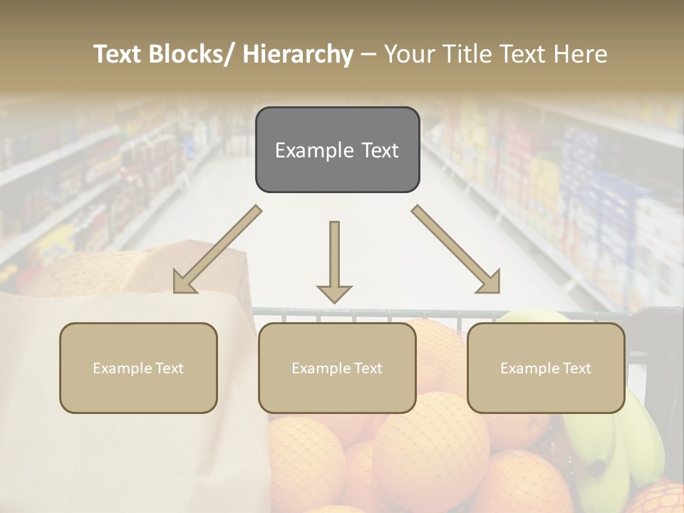 Grocery Cart Loaded With Fresh Fruit And Bread Moving Through The Aisle. PowerPoint Template
