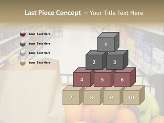 Grocery Cart Loaded With Fresh Fruit And Bread Moving Through The Aisle. PowerPoint Template