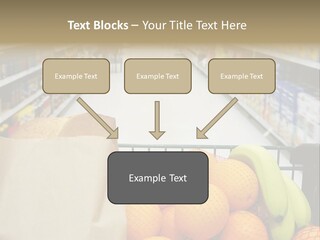 Grocery Cart Loaded With Fresh Fruit And Bread Moving Through The Aisle. PowerPoint Template