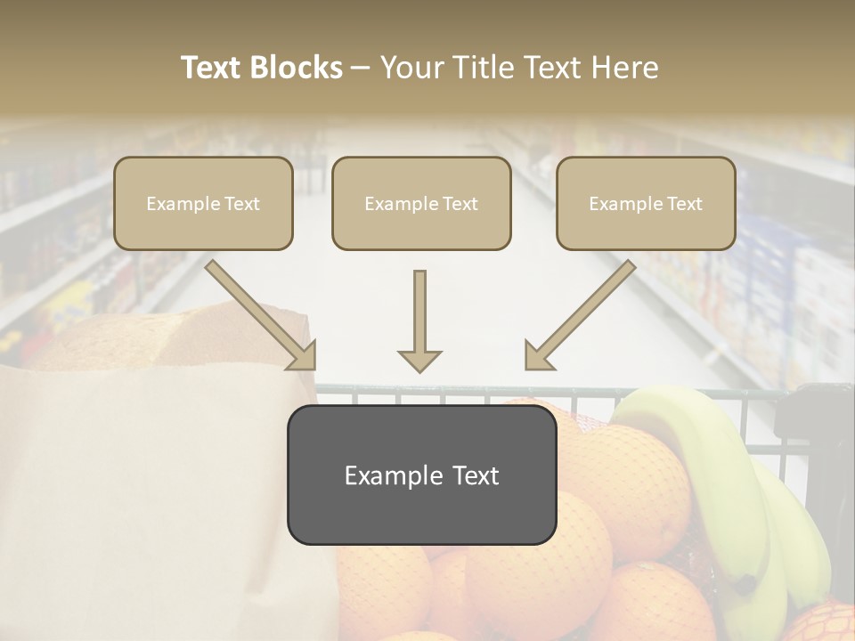 Grocery Cart Loaded With Fresh Fruit And Bread Moving Through The Aisle. PowerPoint Template