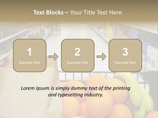 Grocery Cart Loaded With Fresh Fruit And Bread Moving Through The Aisle. PowerPoint Template