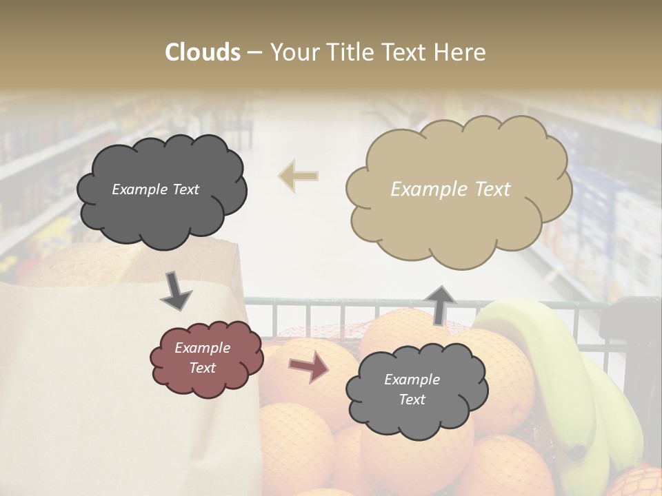 Grocery Cart Loaded With Fresh Fruit And Bread Moving Through The Aisle. PowerPoint Template