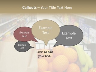 Grocery Cart Loaded With Fresh Fruit And Bread Moving Through The Aisle. PowerPoint Template