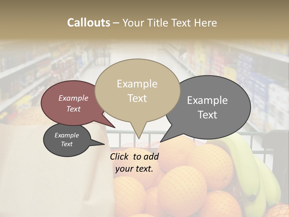 Grocery Cart Loaded With Fresh Fruit And Bread Moving Through The Aisle. PowerPoint Template