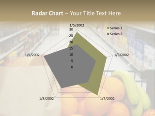 Grocery Cart Loaded With Fresh Fruit And Bread Moving Through The Aisle. PowerPoint Template