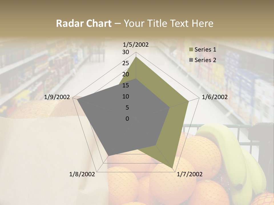 Grocery Cart Loaded With Fresh Fruit And Bread Moving Through The Aisle. PowerPoint Template