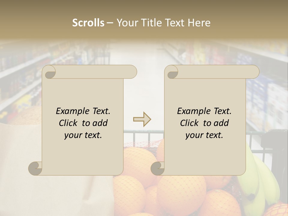 Grocery Cart Loaded With Fresh Fruit And Bread Moving Through The Aisle. PowerPoint Template