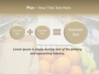 Grocery Cart Loaded With Fresh Fruit And Bread Moving Through The Aisle. PowerPoint Template