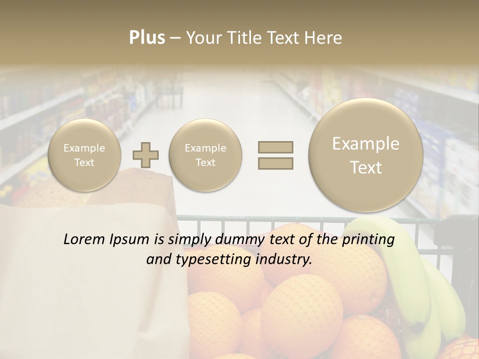 Grocery Cart Loaded With Fresh Fruit And Bread Moving Through The Aisle. PowerPoint Template