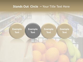 Grocery Cart Loaded With Fresh Fruit And Bread Moving Through The Aisle. PowerPoint Template