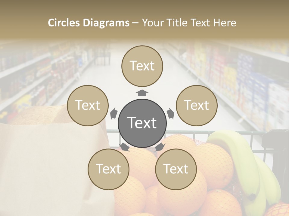 Grocery Cart Loaded With Fresh Fruit And Bread Moving Through The Aisle. PowerPoint Template