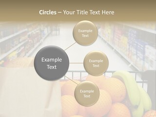 Grocery Cart Loaded With Fresh Fruit And Bread Moving Through The Aisle. PowerPoint Template