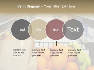 Grocery Cart Loaded With Fresh Fruit And Bread Moving Through The Aisle. PowerPoint Template