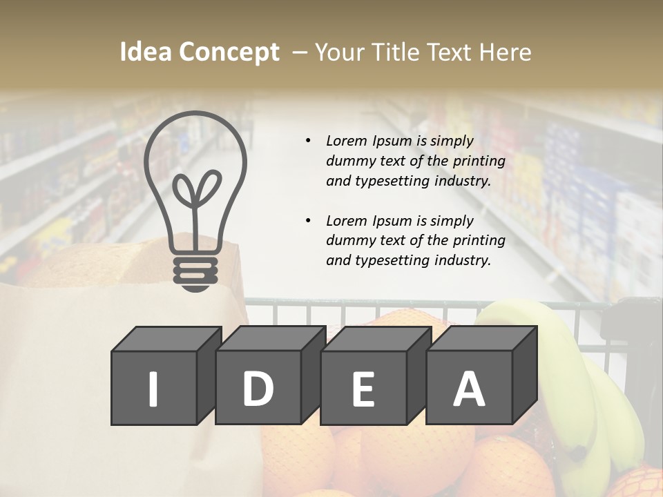 Grocery Cart Loaded With Fresh Fruit And Bread Moving Through The Aisle. PowerPoint Template