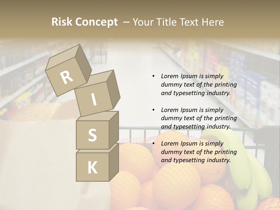 Grocery Cart Loaded With Fresh Fruit And Bread Moving Through The Aisle. PowerPoint Template