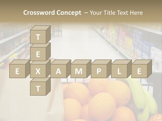 Grocery Cart Loaded With Fresh Fruit And Bread Moving Through The Aisle. PowerPoint Template