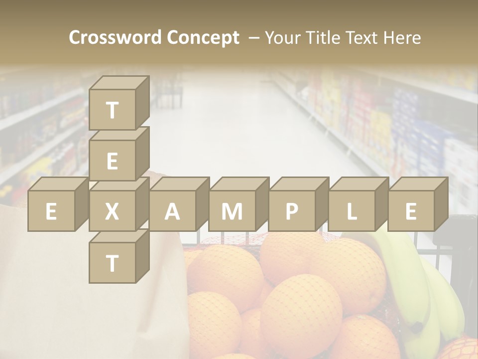 Grocery Cart Loaded With Fresh Fruit And Bread Moving Through The Aisle. PowerPoint Template