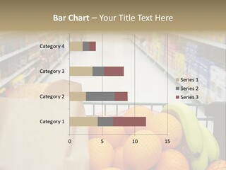 Grocery Cart Loaded With Fresh Fruit And Bread Moving Through The Aisle. PowerPoint Template