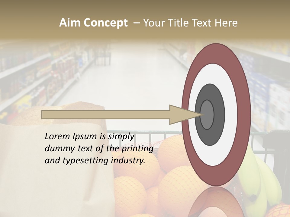 Grocery Cart Loaded With Fresh Fruit And Bread Moving Through The Aisle. PowerPoint Template
