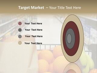 Grocery Cart Loaded With Fresh Fruit And Bread Moving Through The Aisle. PowerPoint Template