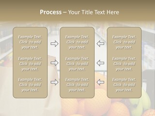 Grocery Cart Loaded With Fresh Fruit And Bread Moving Through The Aisle. PowerPoint Template