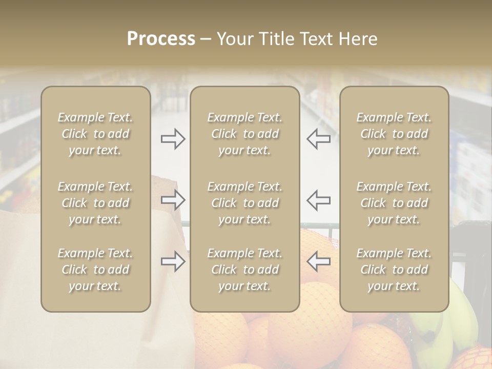 Grocery Cart Loaded With Fresh Fruit And Bread Moving Through The Aisle. PowerPoint Template