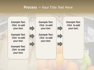 Grocery Cart Loaded With Fresh Fruit And Bread Moving Through The Aisle. PowerPoint Template
