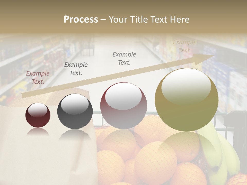 Grocery Cart Loaded With Fresh Fruit And Bread Moving Through The Aisle. PowerPoint Template