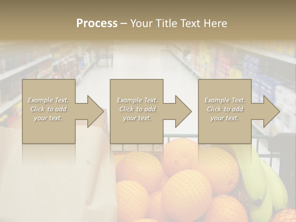 Grocery Cart Loaded With Fresh Fruit And Bread Moving Through The Aisle. PowerPoint Template