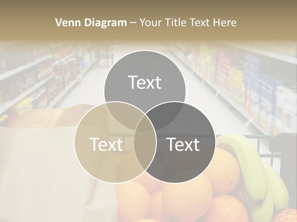 Grocery Cart Loaded With Fresh Fruit And Bread Moving Through The Aisle. PowerPoint Template