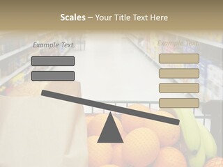 Grocery Cart Loaded With Fresh Fruit And Bread Moving Through The Aisle. PowerPoint Template