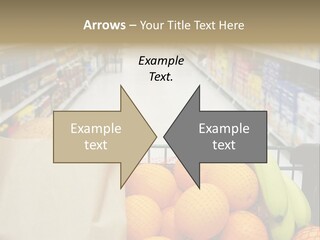Grocery Cart Loaded With Fresh Fruit And Bread Moving Through The Aisle. PowerPoint Template