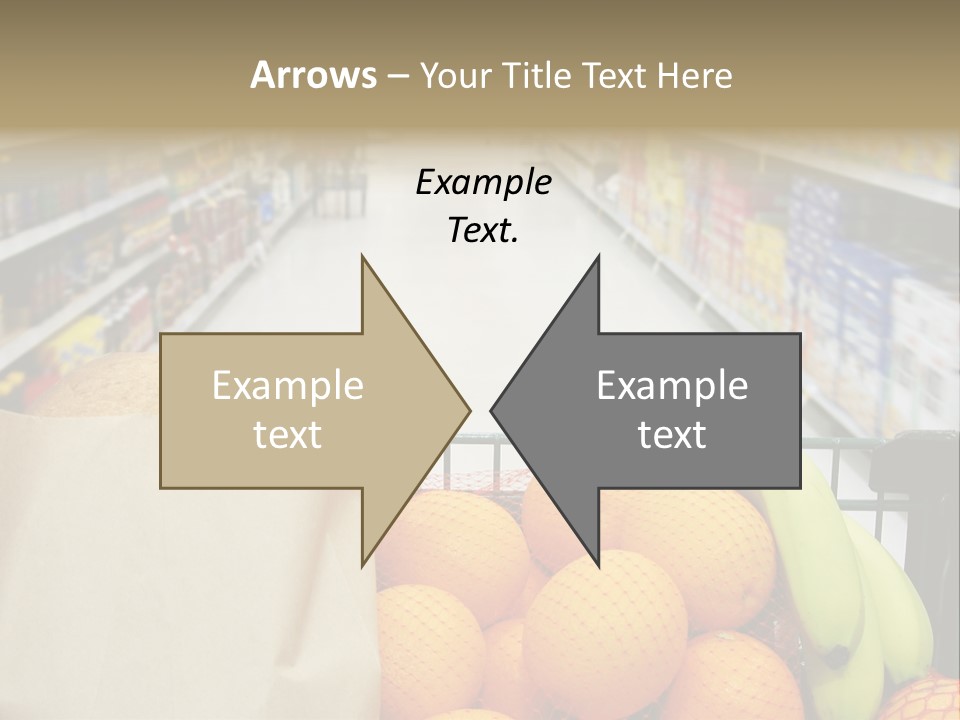 Grocery Cart Loaded With Fresh Fruit And Bread Moving Through The Aisle. PowerPoint Template