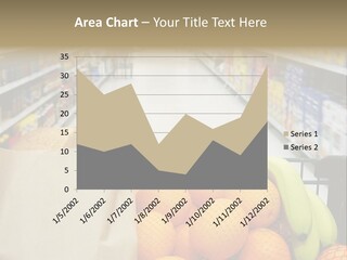Grocery Cart Loaded With Fresh Fruit And Bread Moving Through The Aisle. PowerPoint Template