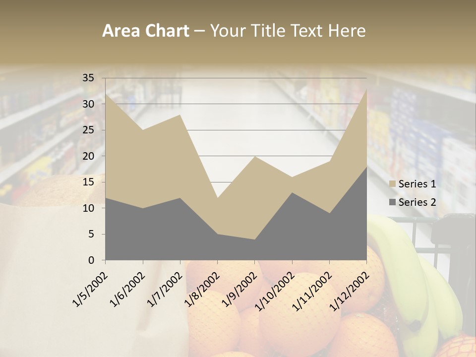 Grocery Cart Loaded With Fresh Fruit And Bread Moving Through The Aisle. PowerPoint Template